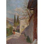 Figure nel cortile,  RUGGERO FOCARDI, Olio su tavola, cm.40x28,5Firmato in basso a sinistra: R.