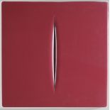 Spaziale  LUCIO FONTANA Multiplo in pvc rosa, cm. 30x30accompagnato dal volume Lucio Fontana,