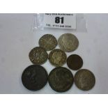 8 ASSORTED COINS INCLUDING EDWARD PENNY, 1898 DIME AND WILLIAM III COIN