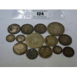 14 ASSORTED SILVER COINS (PRE-1920) INCLUDING 1816 SHILLING,