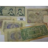 3  5 FRANCS NOTES, 3 1 SHILLING NOTES AND A 1 RUPEE NOTE