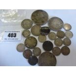 BAG OF MIXED UK AND COMMONWEALTH SILVER COINS INCLUDING 1821 CROWN, CANADIAN 20 AND 25 CENTS, 1887