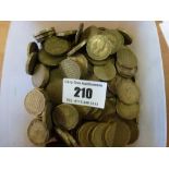 BOX OF THREE PENCE PIECES AND OTHER BRASS COINS