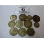 11 ASSORTED COINS INCLUDING GEORGE III SIXPENCE, 1901 QUARTER DOLLAR, 1887 SHILLING, GEORGE II