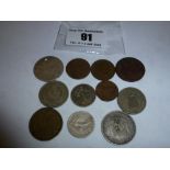 11 ASSORTED COINS INCLUDING 1892 SHILLING, 1895 5 CENTS, 1901 PESETA, 50 CENTIMES AND USA COPPER