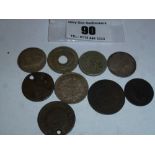 9 ASSORTED COINS INCLUDING GEORGE II SIXPENCE, GEORGE III SIXPENCE, 1871 FRANC, USA 5CENTS AND