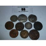 10 ASSORTED COINS INCLUDING 1894 10 SWISS FRANC, SILVER VICTORIAN COIN, 2 SILVER WORN HAMMERED COINS