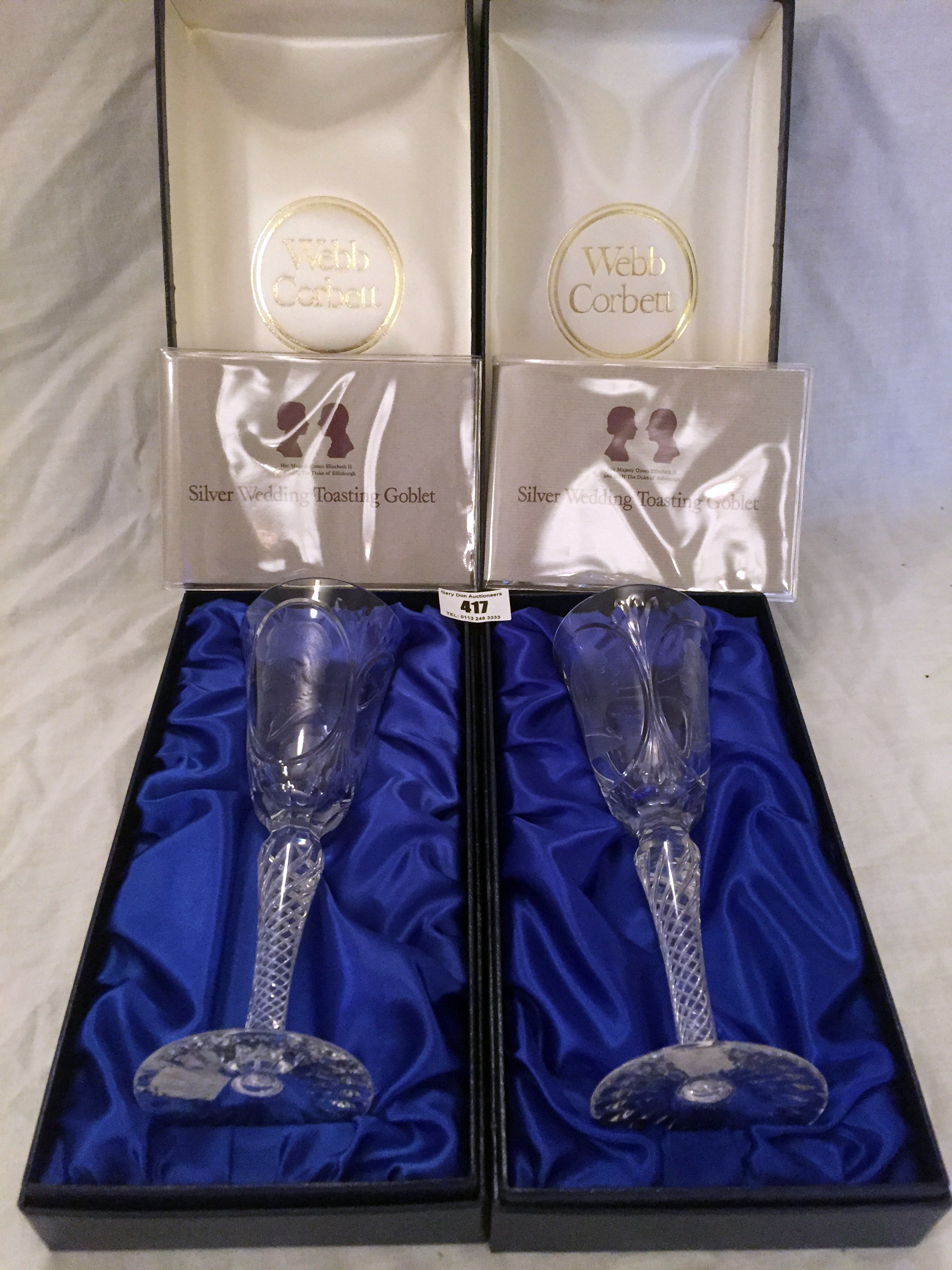 Webb Corbett pair of Silver Wedding toasting goblets (boxed)