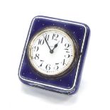 Small eight day enamel desk clock timepiece, the 1.75" dial within a purple enamel cushion case,
