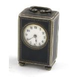 Miniature silver and black enamel carriage clock timepiece, the 0.75" dial within a carriage type