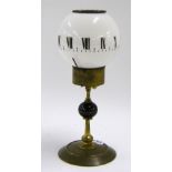 Brass pedestal night clock, with spherical opaline glass dial, 9.25" high