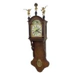 Contemporary Dutch burr walnut double weight wall clock, the 7" painted arched dial with moon