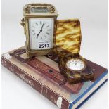 Brass carriage timepiece, with key, 4" high (side glass a.f); faux tortoiseshell travel timepiece