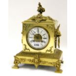 French brass two train mantel clock, the Japy Freres movement striking on a bell, the 3.5" white
