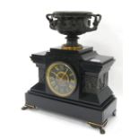 Black slate two train mantel clock, the Japy Freres movement striking on a gong, the 4.25" slate