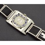 Elgin Art Deco 14k white gold and enamel gentleman's wristwatch, with hinged lugs, silvered dial