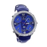 Jacob & Co Five Time Zones stainless steel and diamond wristwatch, the blue dial with red centre