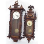 Walnut two train Vienna wall clock, the 8" dial within a glazed pillared case; together with a