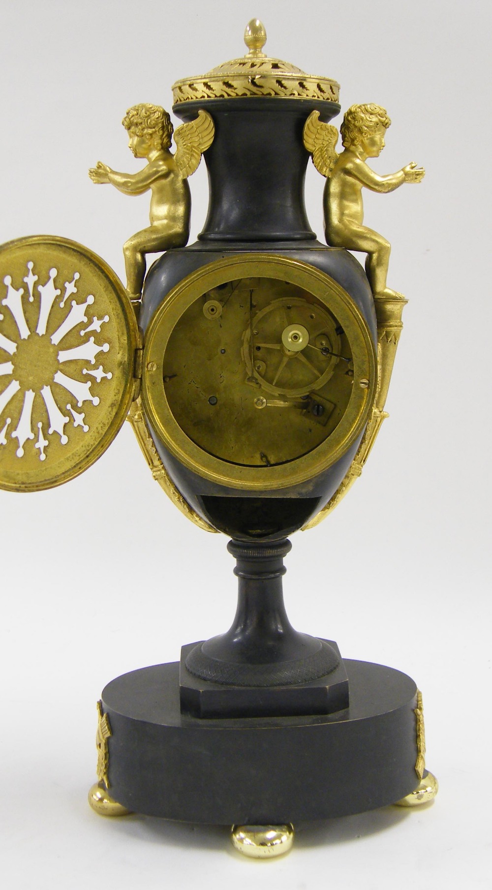 Bronze and ormolu two train urn mantel clock, the movement with outside countwheel striking on a - Image 2 of 2