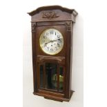 1930s mahogany Westminster chime three train wall clock, the 7.5" silvered dial within a glazed case