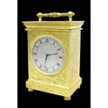 Fine English gilt cased carriage clock timepiece, the 2.5" silvered dial with blued steel moon hands