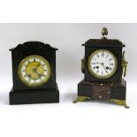 Two small French black slate and marble two train mantel clocks, within stepped cases, the larger