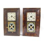 Two similar two train ogee wall clocks of Masonic interest, each with 7.5" square painted dials