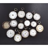 Collection of thirteen silver/white metal engraved fob watches, principally for repair (13)