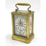 Reproduction porcelain panelled repeater carriage clock striking on a bell and gong, the case back