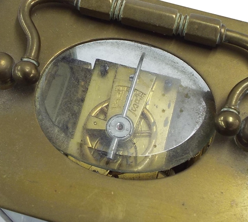Carriage clock timepiece, within a corniche brass case, 5.5" high - Image 4 of 4