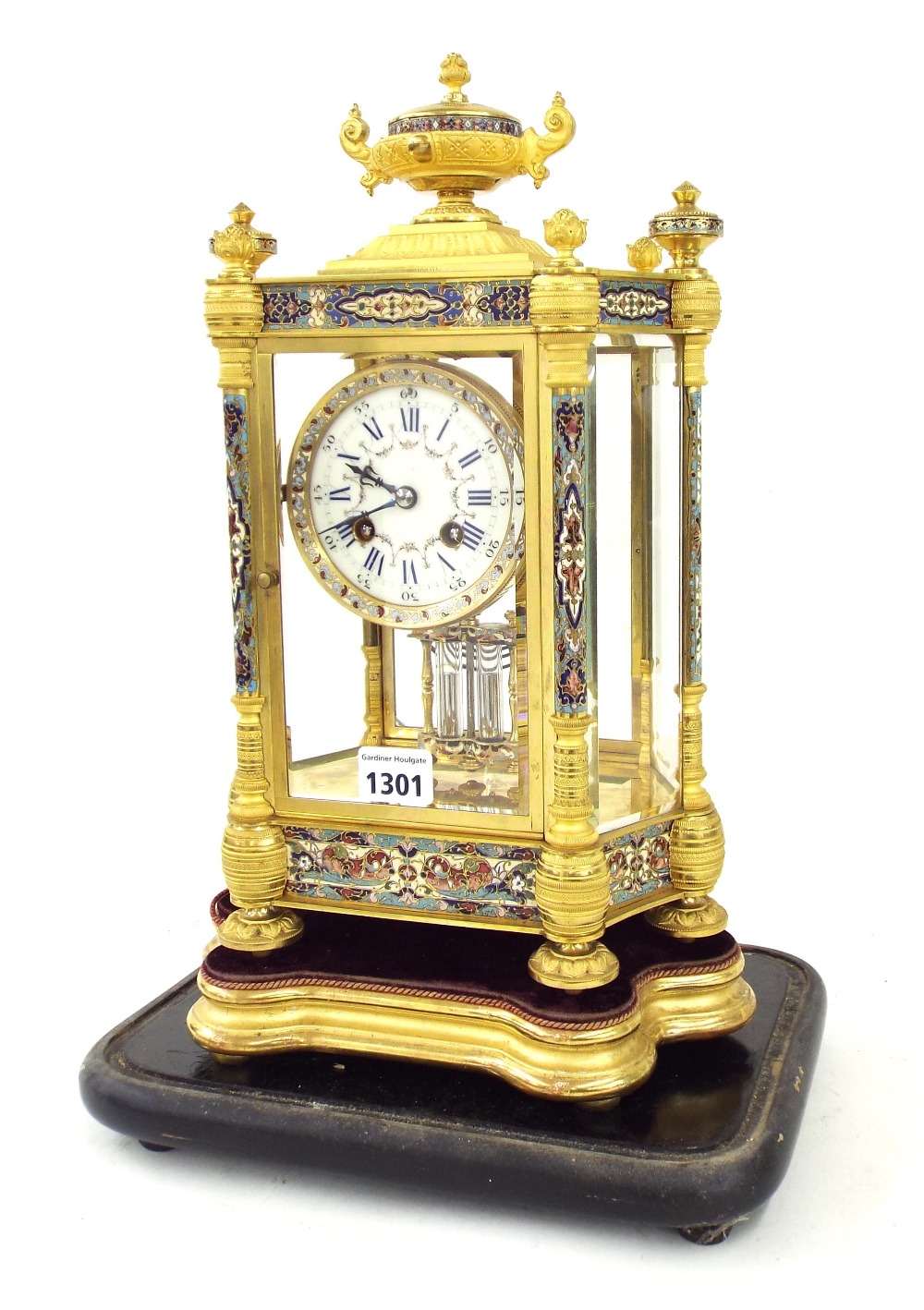 Good French ormolu and cloisonne two train mantel clock, the Vincenti movement striking on a gong,