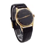 18k gentleman's wristwatch, the black dial signed 'Asprey' with Arabic quarter numerals and dot