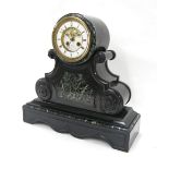 Black slate and green marble two train mantel clock striking on a bell, the 4.5" chapter ring