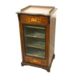 Edwardian inlaid rosewood music cabinet, the glazed door enclosing four felt covered shelves upon