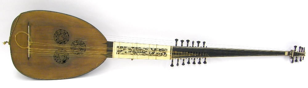 Fifteen-course chitarrone or theorbo, Italian, 17th century and later, the body of thirty ebony ribs