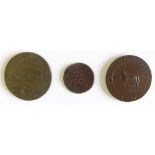 A 17th century halfpenny, a Middlesex 1795 Foundling Fields halfpenny and a Thomas Spence