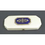 Antique ivory toothpick holder, applied with gold and enamel motif, canted corners, hinged enclosing