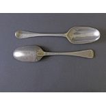 Pair of antique silver Old English tablespoons, hallmarks rubbed, 7.75" long, 4oz approx