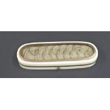 Antique ivory gold mounted oval toothpick holder, the lid fitted with a plait of hair, enclosing a