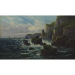 By M*C* Hider (19th century) - coastal landscape with gulls landing on cliffs in choppy waters