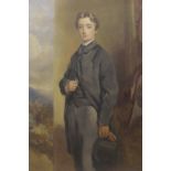 19th Century School - portrait of a young man holding a top hat, watercolour, arched mount, 29.5"