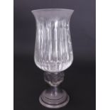 Interesting commemorative silver and cut glass candlestick, the gilded sconce cast and embossed with