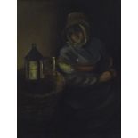 Dutch School - interior study of a seated lady in a bonnet beside a lantern, oil on board, 8" x