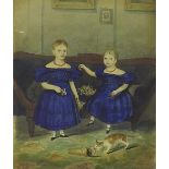 English School - primitive portrait of two girls in blue dresses holding flowers and fruit with a