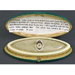 Fine George III elliptical ivory patch box applied with gold fittings, the interior applied with a