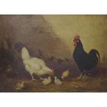 By E* Mondy (19th century) - study of a cockerel and hen with chicks, signed and dated 1870, oil