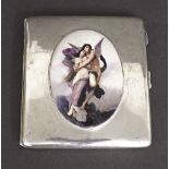 Antique silver purse with later applied enamel of a winged god and nude, enclosing a fitted