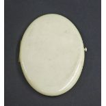 Antique ivory folding locket picture frame, the oval lid enclosing two opposing photographs with