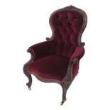 Victorian mahogany button-back salon chair, with acanthus carvings and cabriole front legs with