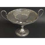 1920s silver twin handled tazza with pierced floral rim and lobed bowl, maker RP, London 1920, 12"